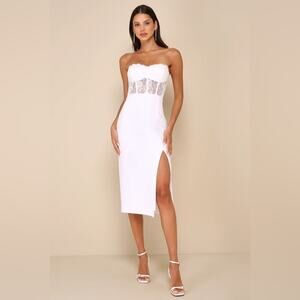 Lulus Exquisitely Sultry White Lace Strapless Bustier Midi Dress MEDIUM